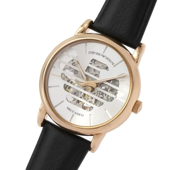 Emporio Armani Meccanico Skeleton Silver Dial Black Leather Strap Watch For Men - AR60031 - Image 6